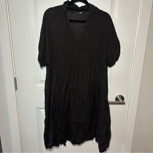 Francesca Bettini 100% Linen Black Short Sleeve Tier Dress Size L Made in Italy